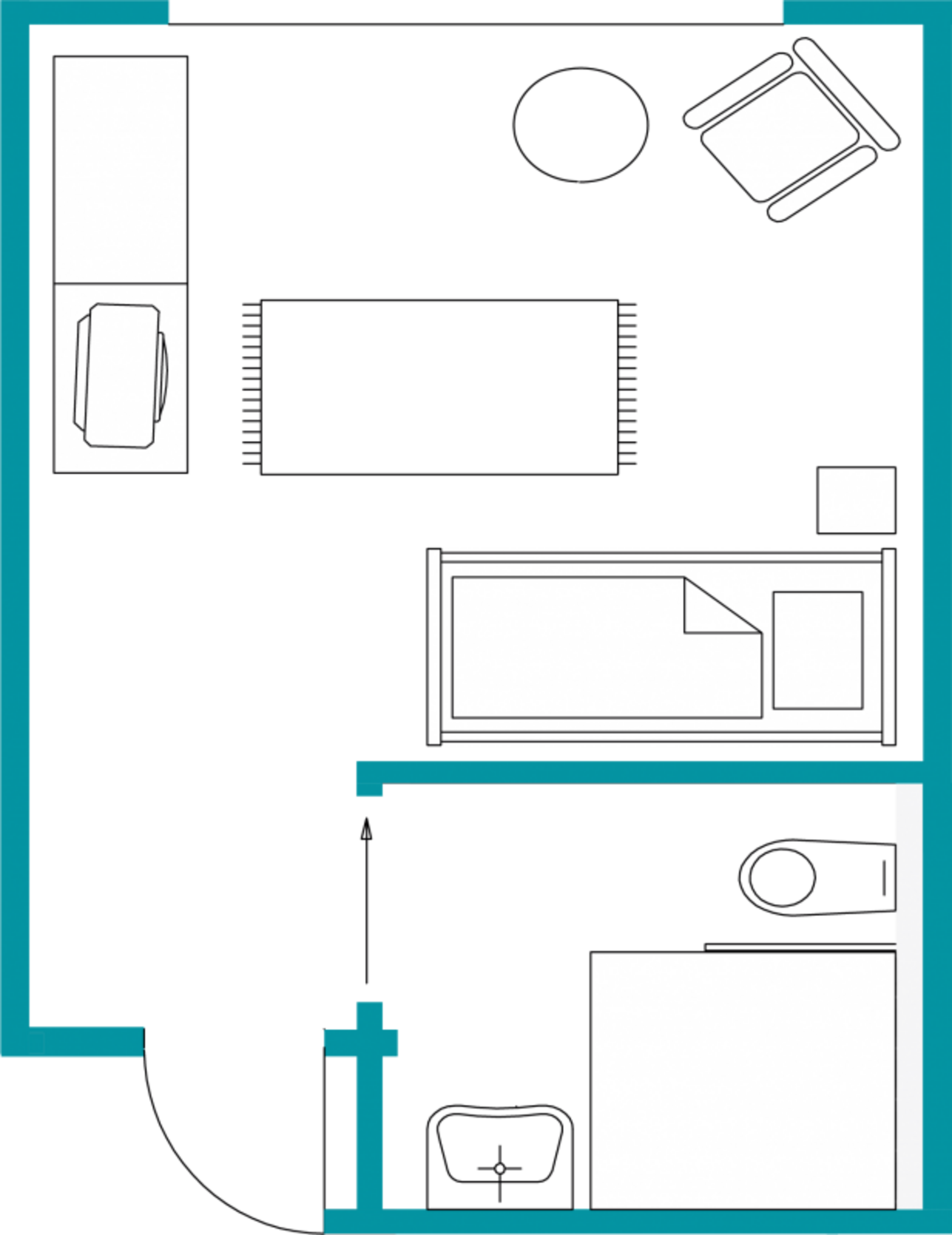 Grundriss eines 18qm großen Einzelzimmer mit Bad